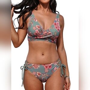 CUPSHE Sage Green Twist Front Lace-Up Bikini with Pink Floral Print - Size S